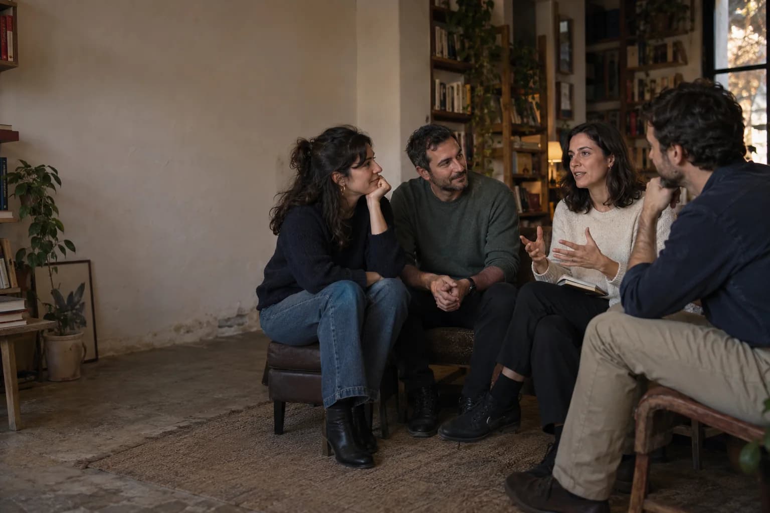 Cuatro personas sentadas en círculo, conversando y escuchándose en un espacio cultural