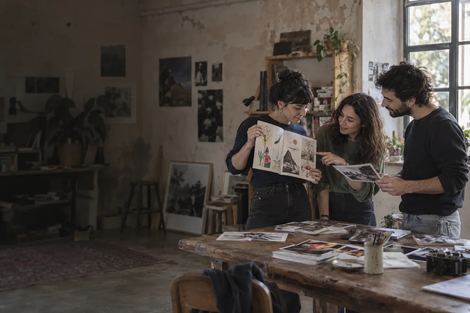 Tres personas comentando una ilustración y compartiendo fotografías en un estudio creativo
